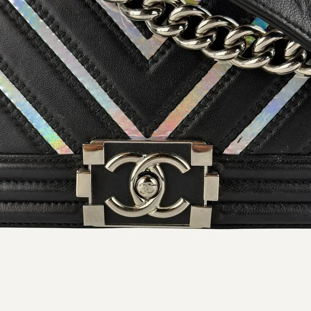 Chanel Boy Bag Medium Black Lambskin Iridescent Chevron Silver CC 17S  Women's